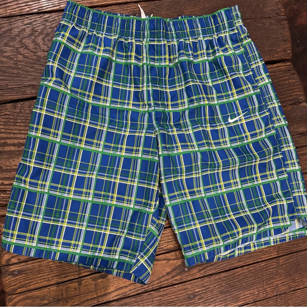 Nike Blue and Green Plaid Drawstring Shorts / Swim Trunks Size Medium M